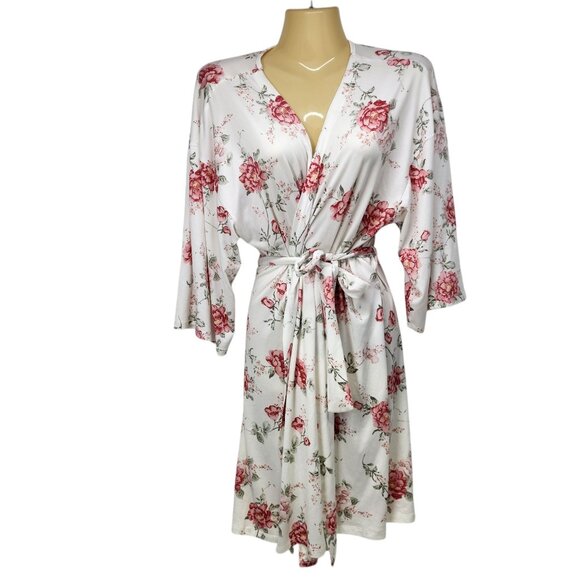 Floral Kimono Robe Belt L 93% Polyester & 7% Spandex‎ White & Pink Rose Pattern - Picture 9 of 9
